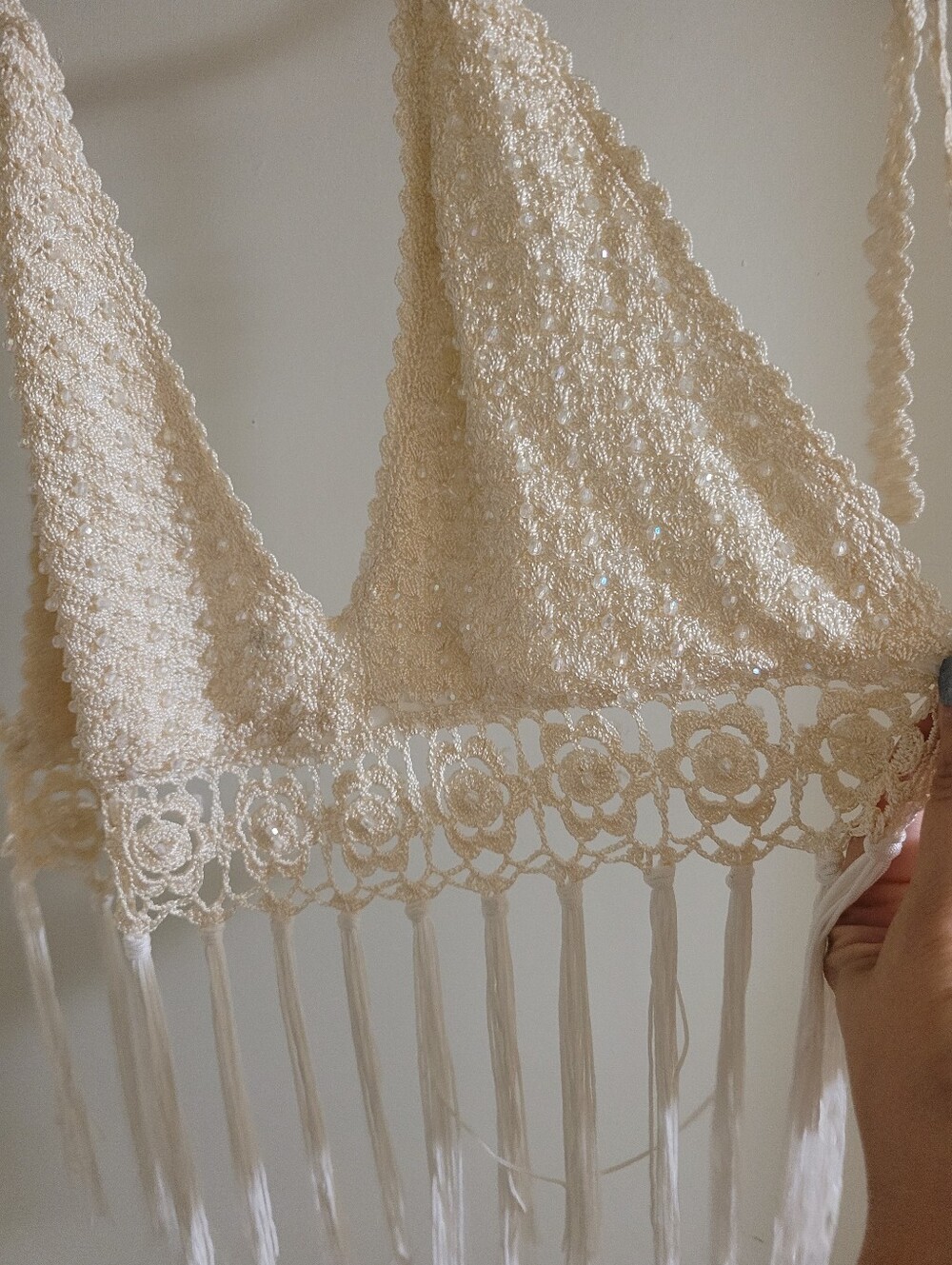 Crochet Fringe Bralette Top in Cream